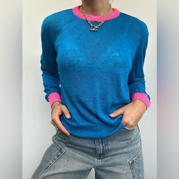 Diesel 100% Linen Crew Neck Long Sleeve Sweater Pink & Blue Contrast Collar S - Picture 3 of 12